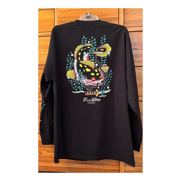 5BORO Black Long-sleeve T-Shirt Multi Color Fish Graphic Unisex XL - Picture 3 of 5